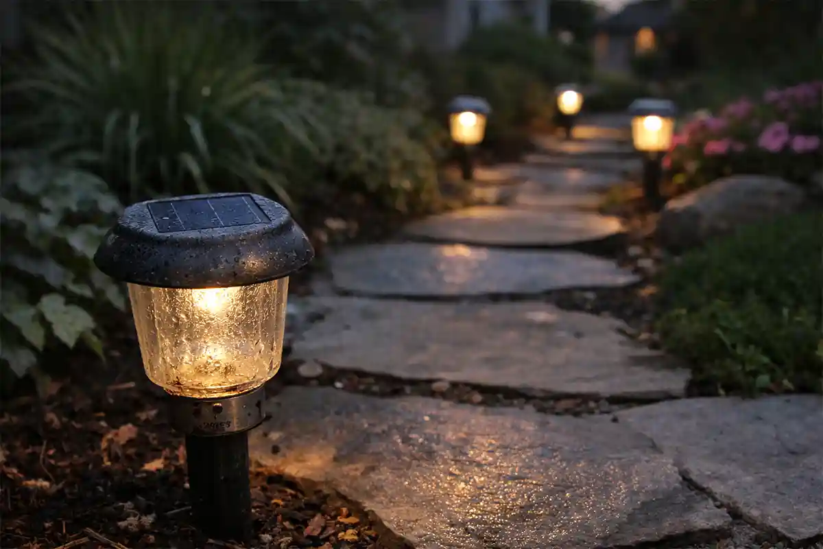 Residential solar pathway lights showing cloudy panels, internal condensation, and corrosion after outdoor exposure.