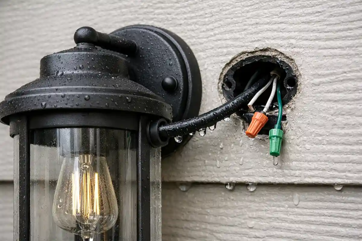 Close-up of an outdoor light fixture cable entry point where water can travel along wiring into the housing.