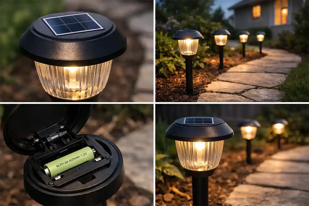 Outdoor solar garden lights installed along a pathway with visible solar panels and internal rechargeable batteries at dusk.