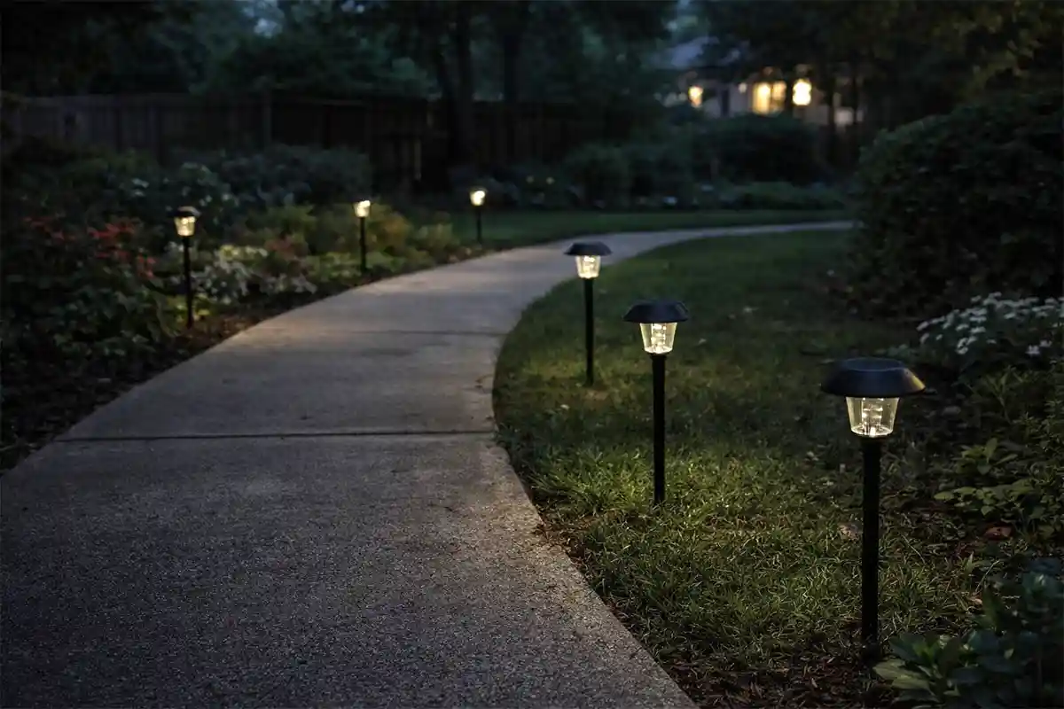 Solar garden pathway lights installed along a walkway but not illuminated at night