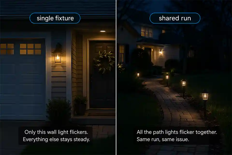 Single flickering porch light compared with several flickering path lights on one outdoor lighting run