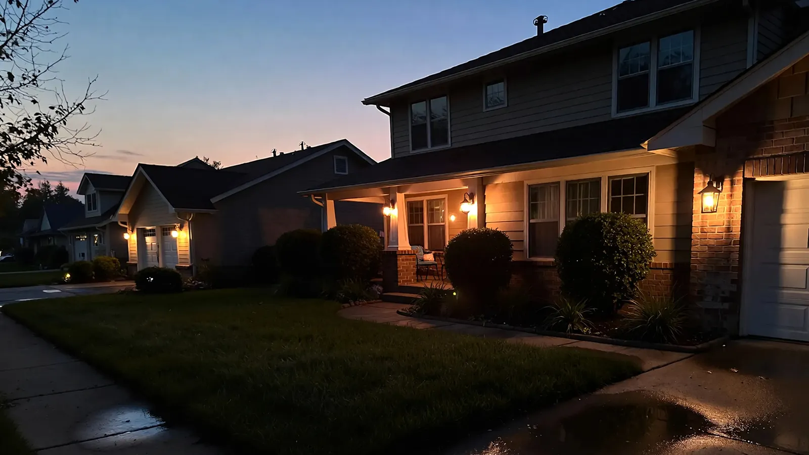 Outdoor residential lights flickering and partially illuminating a suburban home at dusk.