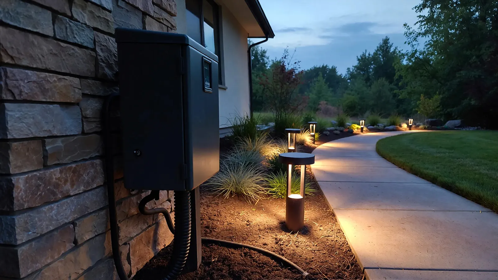 Low-voltage landscape lighting system with transformer and uneven pathway brightness at dusk.