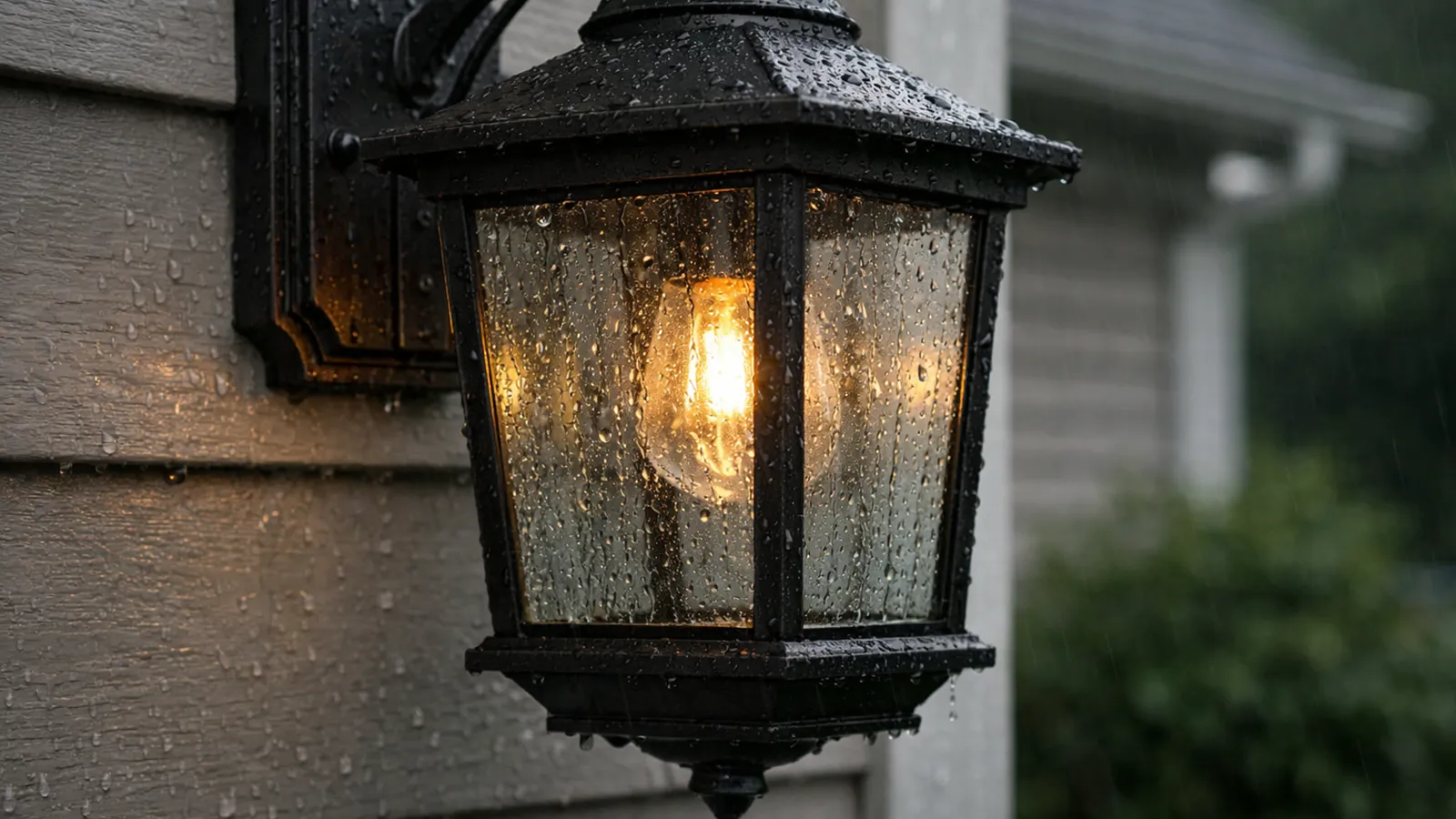 Outdoor wall light fixture showing visible condensation and water droplets trapped inside the glass enclosure.
