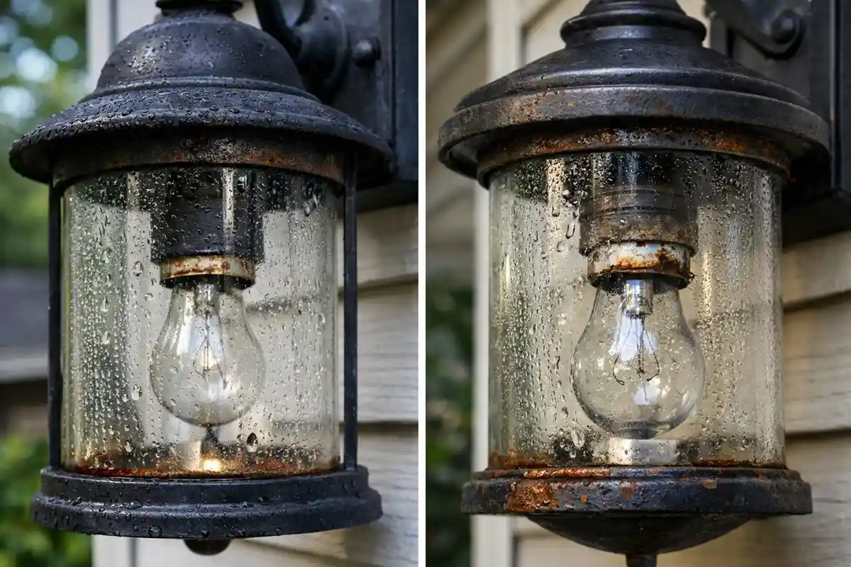 Outdoor wall light fixtures showing visible condensation, rust, and internal moisture damage.