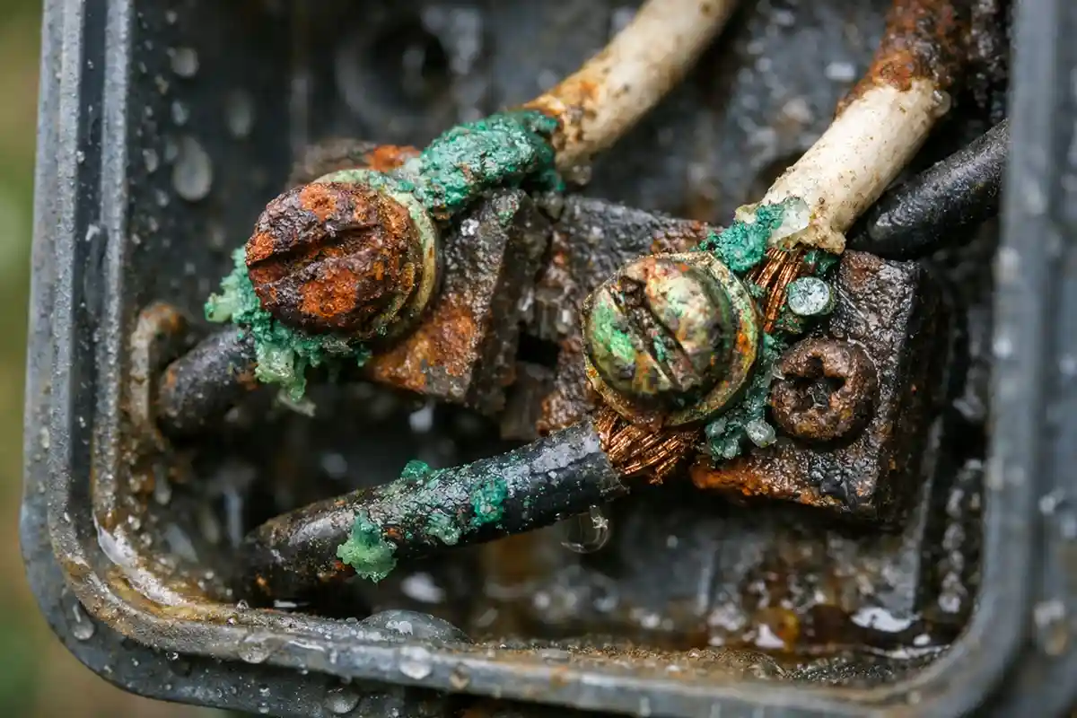 Close-up of corroded outdoor light wiring connections showing rusted terminals and green copper oxidation inside a damp junction box.