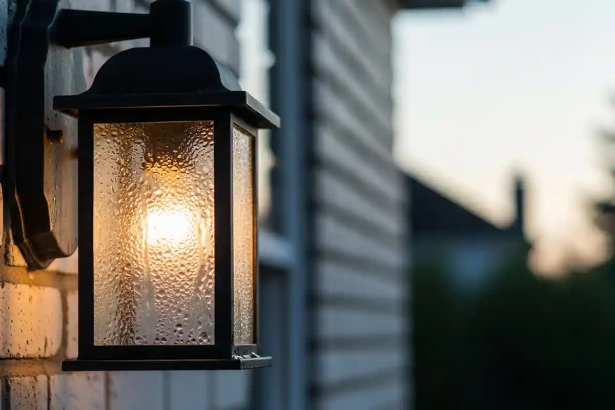 Condensation droplets forming inside a glass outdoor wall light fixture mounted on a home exterior.