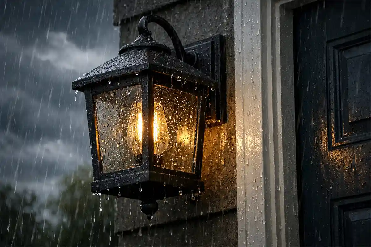 Outdoor wall-mounted light fixture exposed to heavy rain with visible water droplets and moisture accumulation.