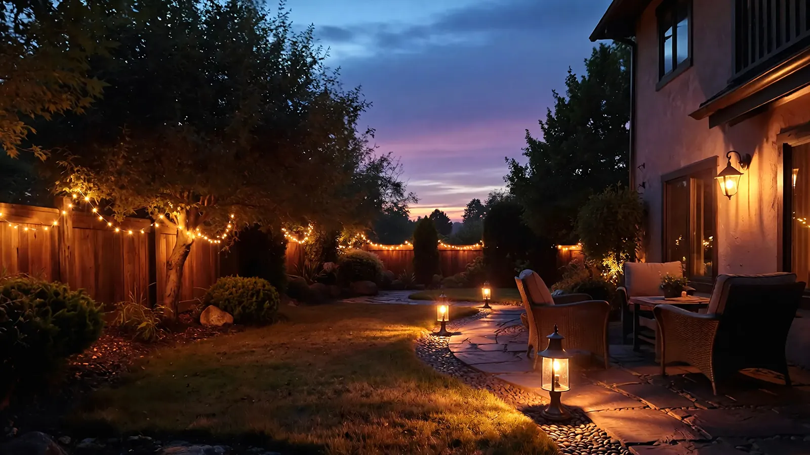 A residential backyard illuminated by outdoor lights showing varied fixtures exposed to nighttime weather conditions.