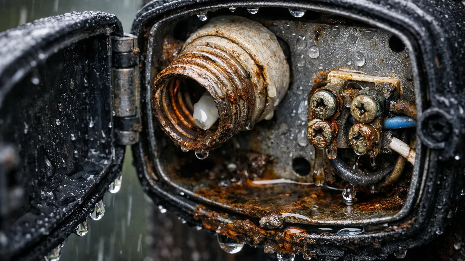 Moisture and corrosion visible inside an outdoor light fixture causing electrical instability.