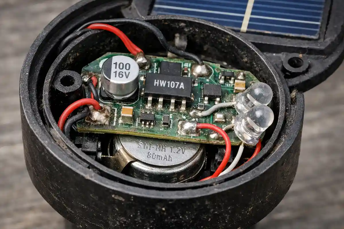 Close-up of a small solar light circuit board and charge controller inside an outdoor fixture.