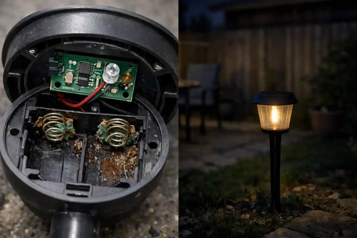 Solar garden light with corroded battery terminals and small internal circuit board causing flickering and weak nighttime output.