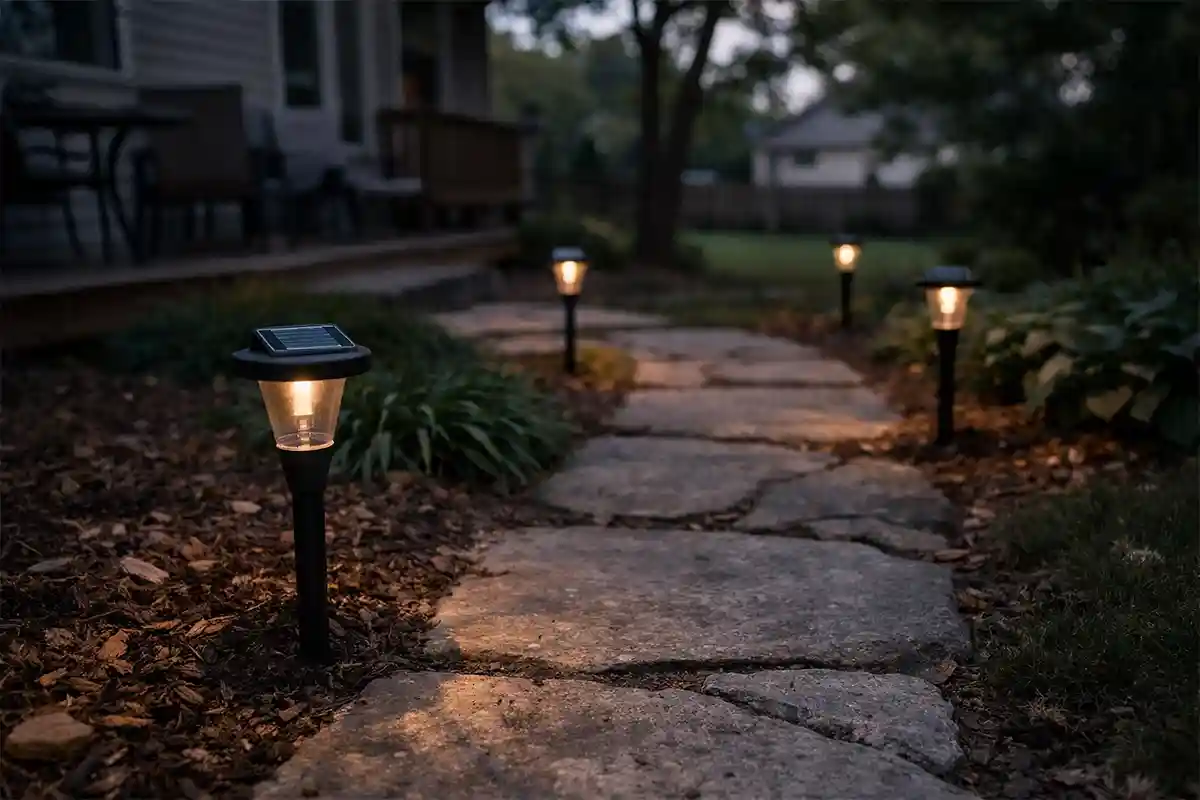 Solar outdoor garden lights installed along a walkway appearing dim at dusk due to charging issues.