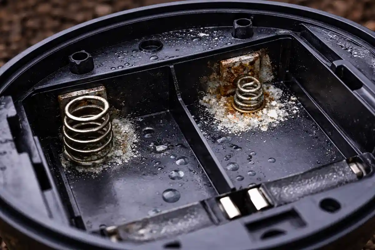 Close-up of opened solar light showing corrosion on battery terminals and moisture inside casing