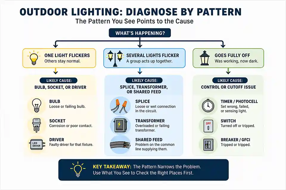Outdoor lighting decision diagram showing how one flickering light and multiple flickering lights point to different causes