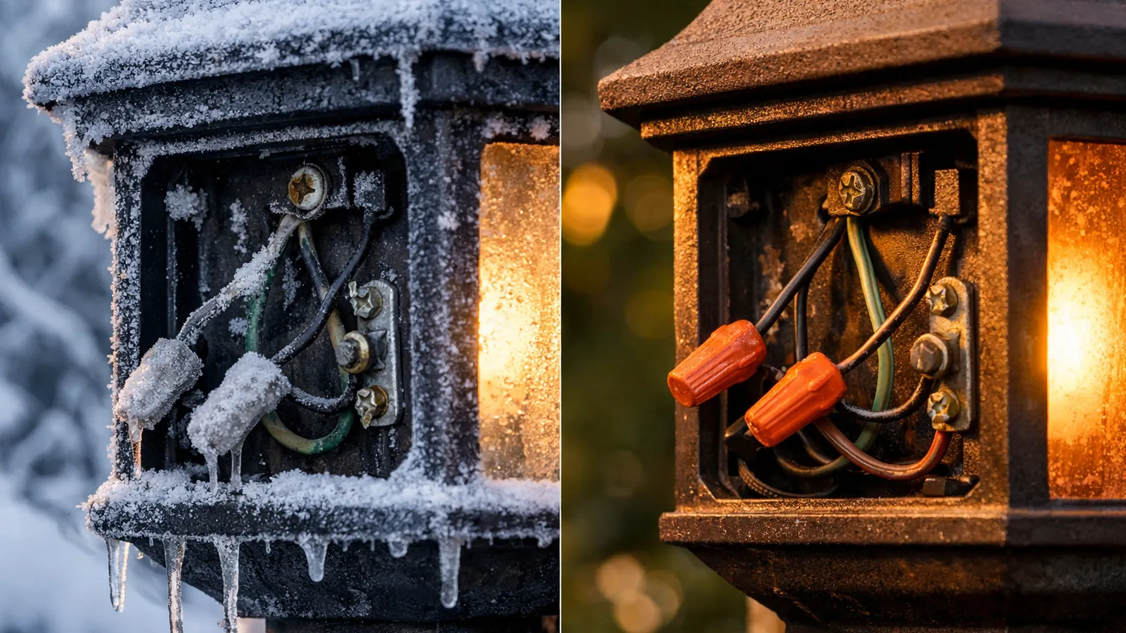 Outdoor wall light fixtures exposed to extreme cold and heat showing how temperature affects electrical components.