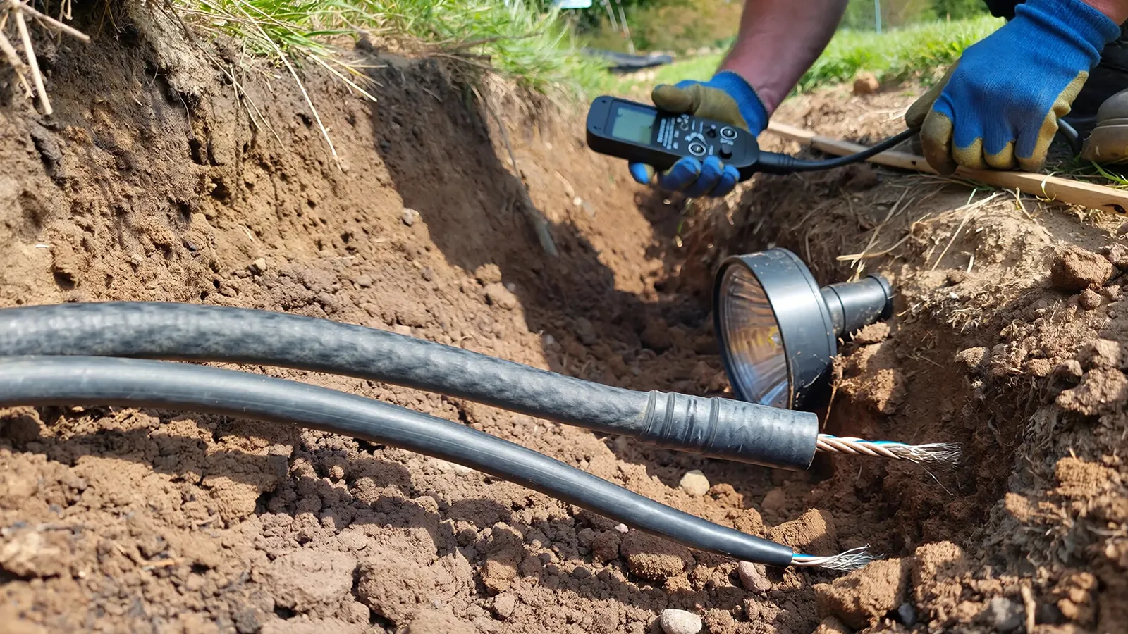 Comparison of thick and thin landscape lighting cables used in an outdoor lighting installation.