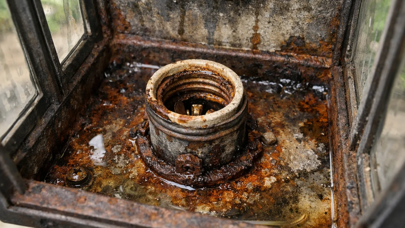 Corrosion and rust visible inside the base and socket area of an outdoor wall-mounted light fixture.