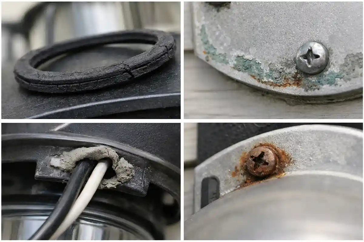 Close-up views of vulnerable areas on outdoor light fixtures including gaskets, mounting plates, and wire entry points.