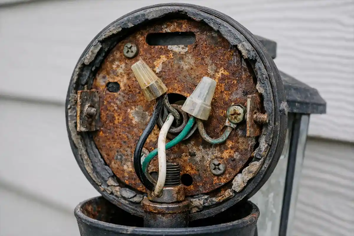 Close-up of corroded outdoor light fixture base showing rusted mounting plate and deteriorated gasket.