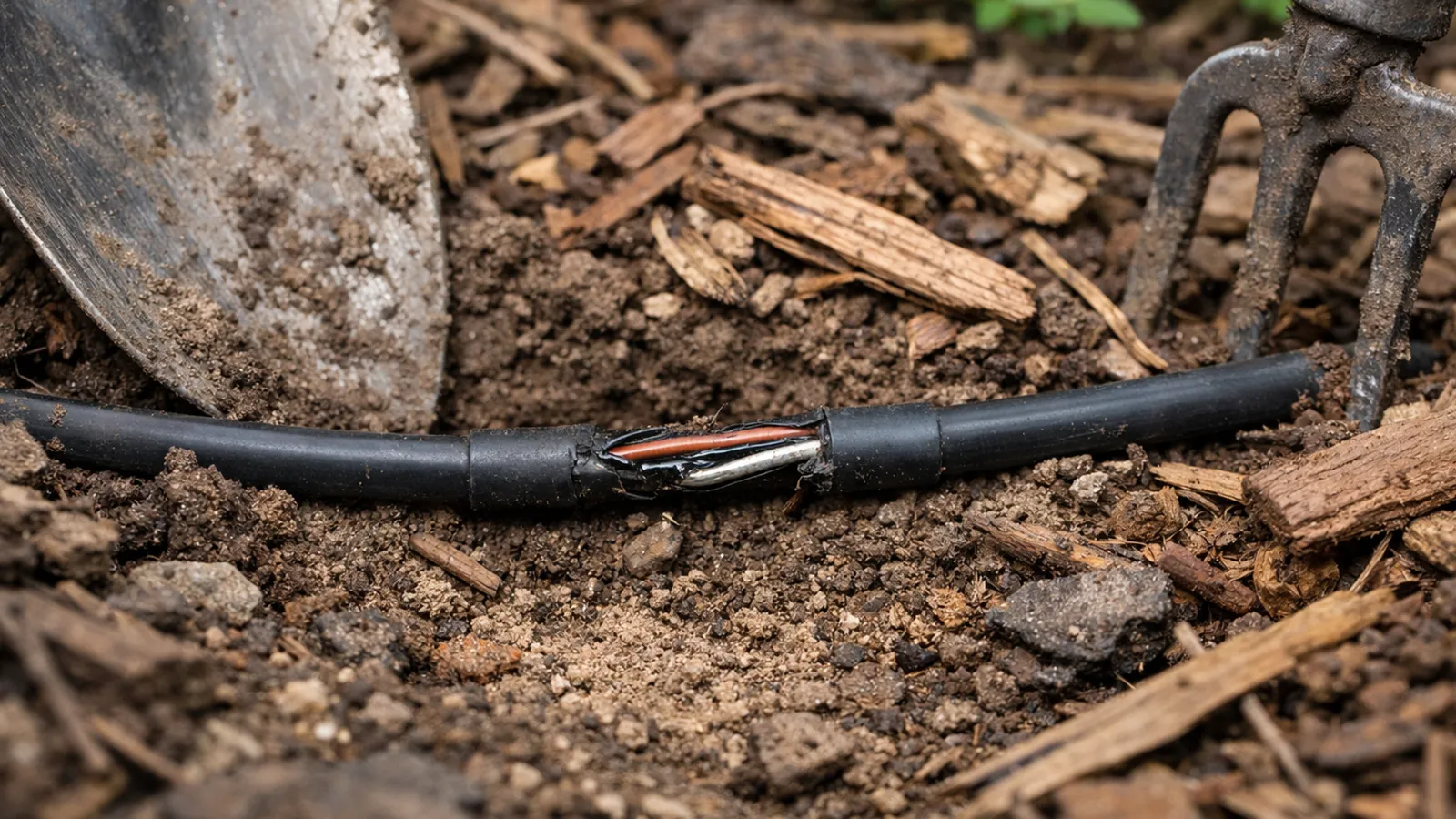 A damaged landscape lighting cable partially exposed in soil near garden tools and shifting mulch.