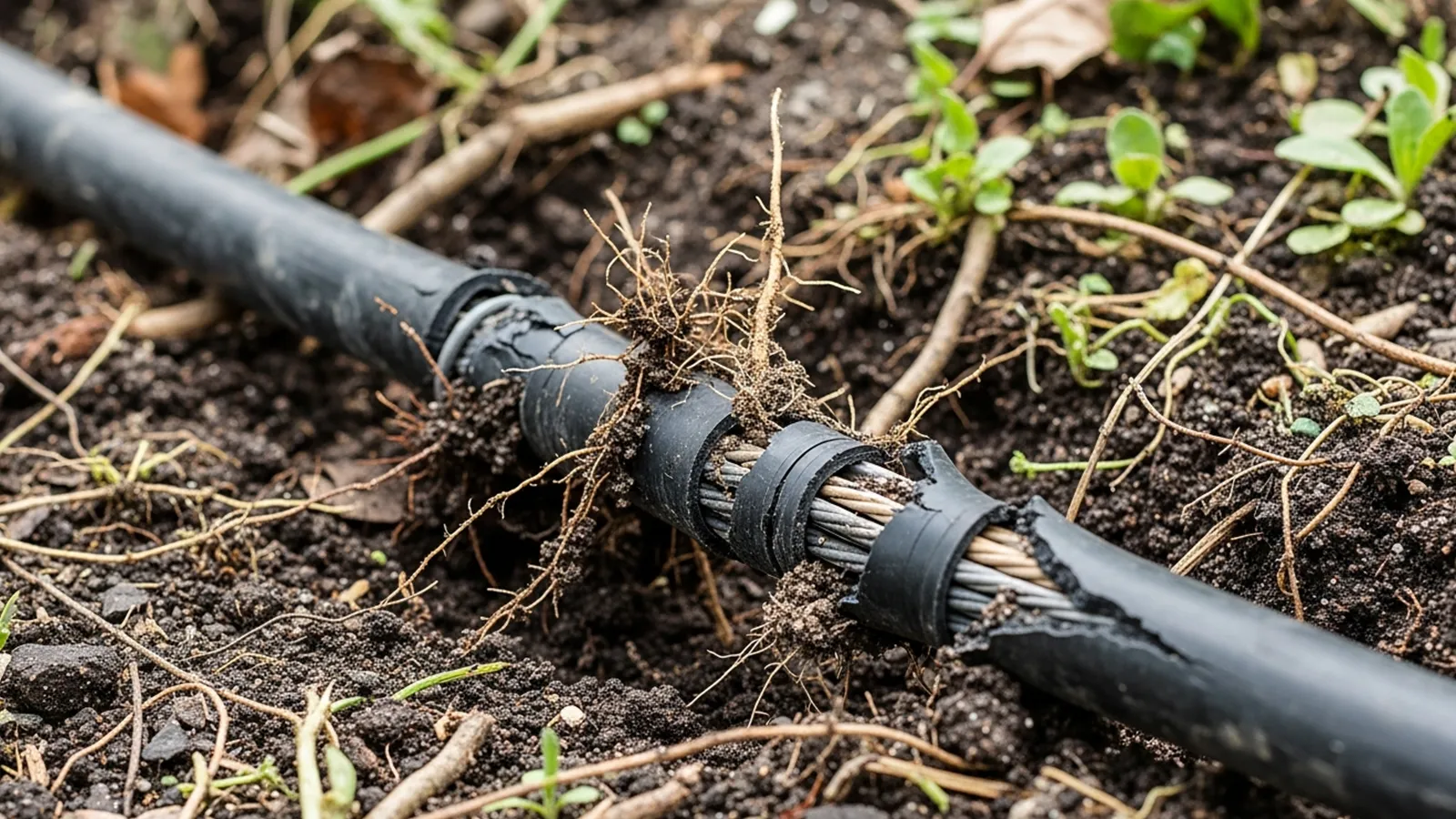 Damaged underground outdoor lighting cable exposed by soil movement and wear.