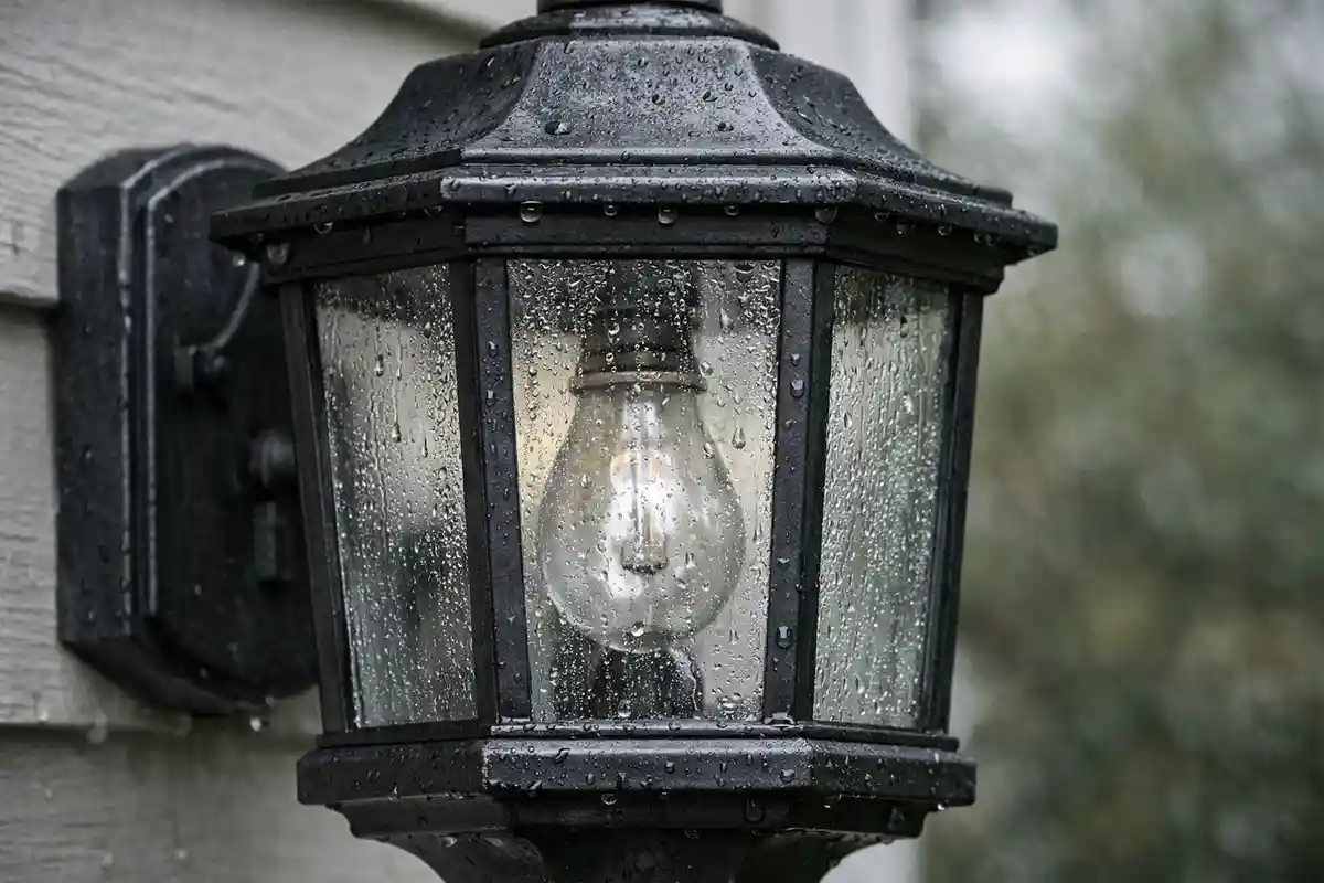 Outdoor wall lantern with visible internal moisture and fogging caused by trapped water entering through wiring.