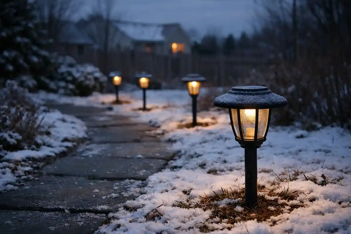 Solar pathway lights operating during winter with reduced sunlight, frost on panels, and dim nighttime glow.