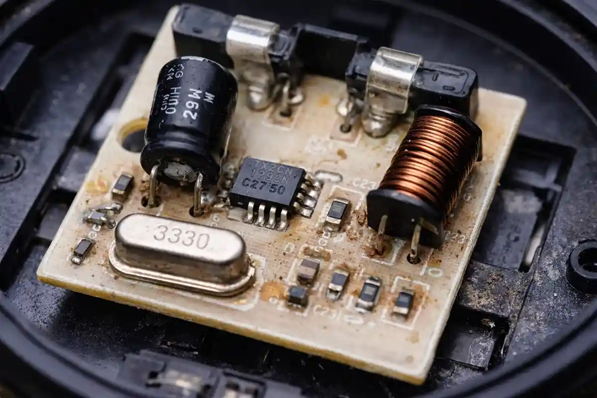 Solar light circuit board with visible wear and aging electronic components