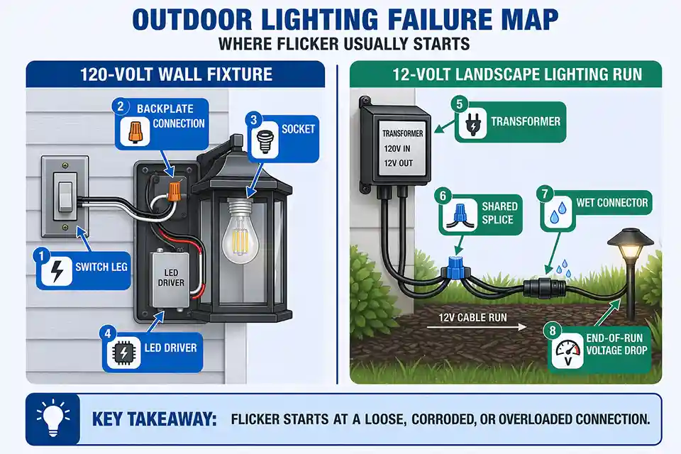 Split diagnostic diagram showing common flicker failure points in 120-volt outdoor fixtures and 12-volt landscape lighting runs