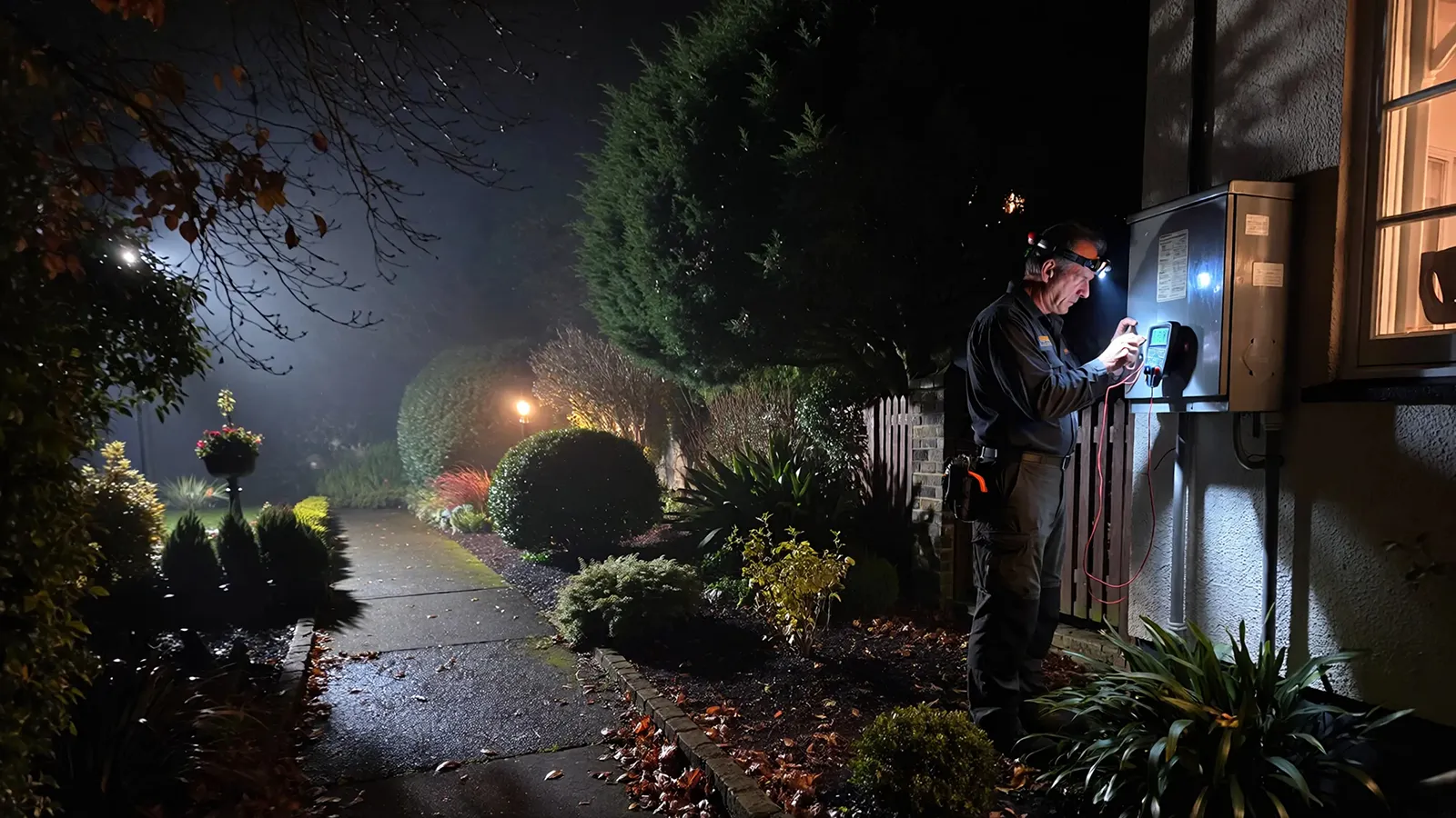 Technician measuring voltage at transformer and distant landscape light to evaluate uneven brightness.