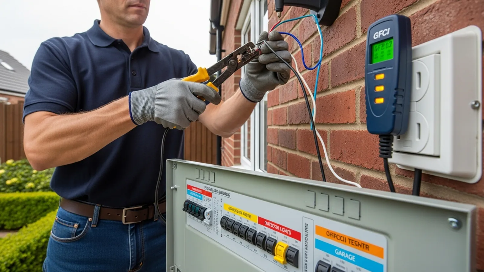 Electrician methodically disconnecting outdoor lighting components and testing a GFCI outlet during circuit isolation.
