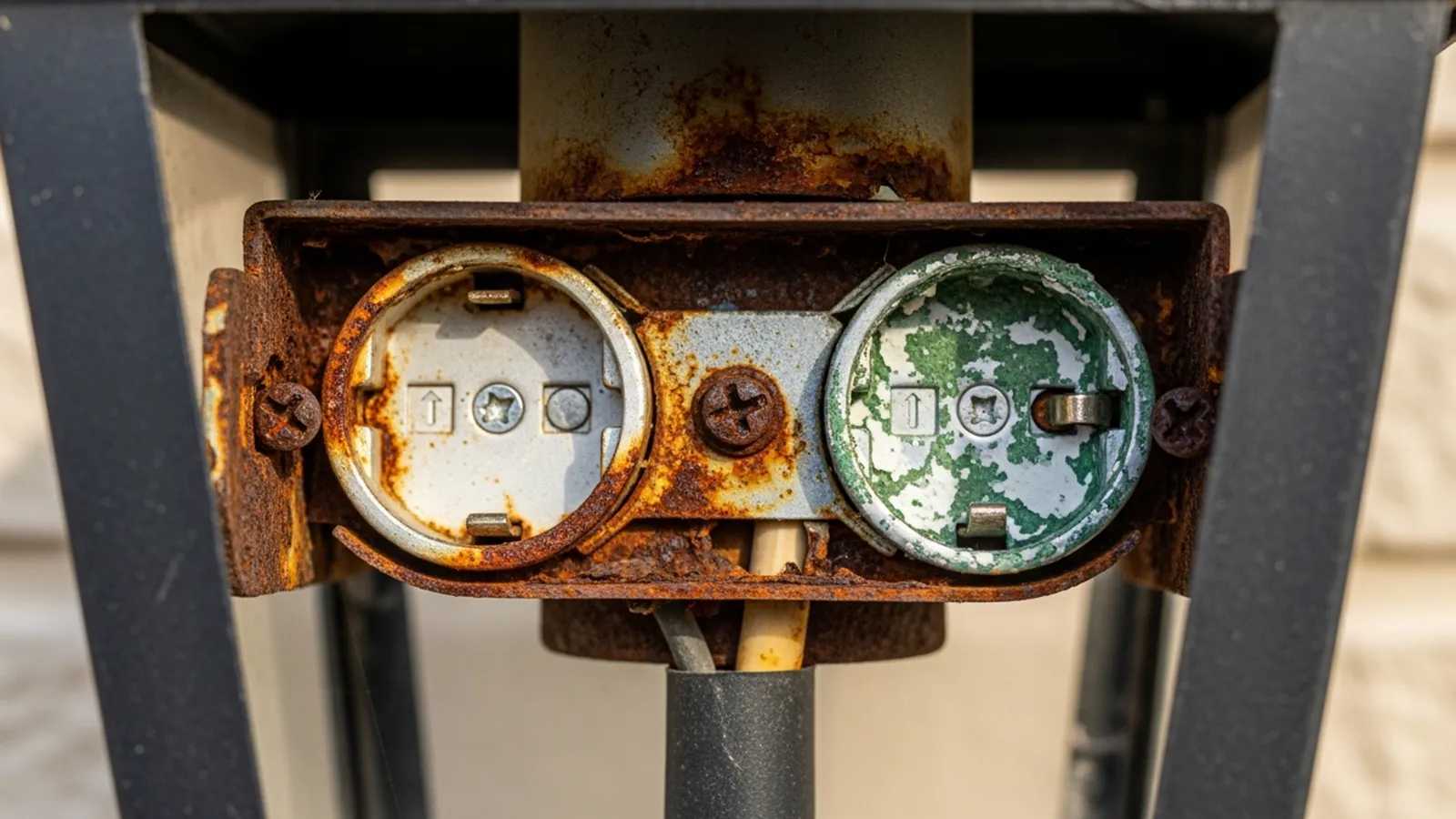 Progressive corrosion visible on socket terminals and mounting screws inside an outdoor wall light fixture.