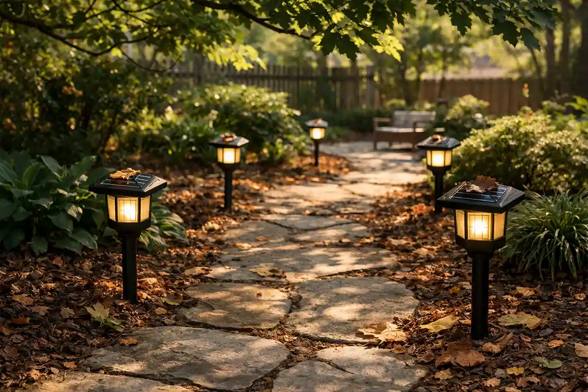 Solar pathway lights positioned under tree cover and partial shade, limiting daily charging exposure.