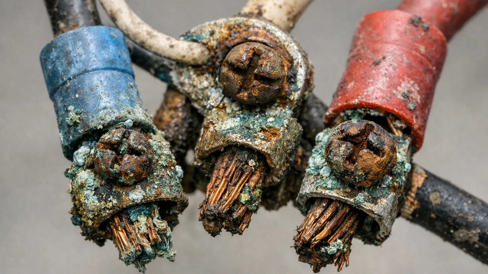 Corroded outdoor wire connectors causing unstable electrical contact.