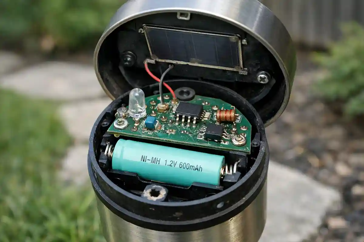Close-up of a small solar light circuit board with exposed battery compartment and minor corrosion on solder joints.