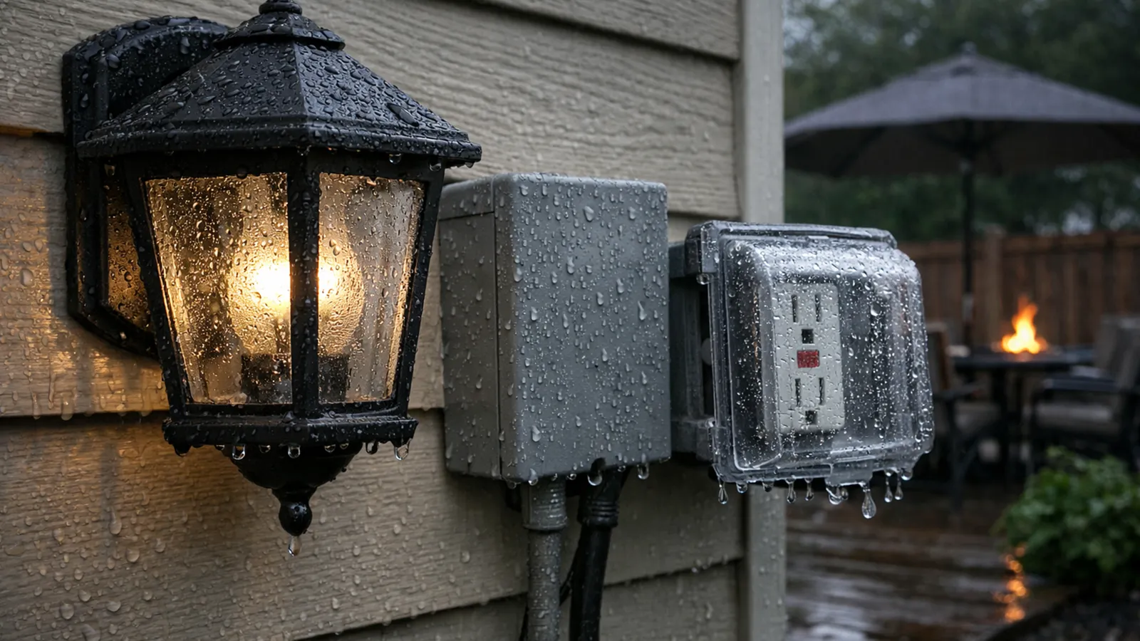 Outdoor lighting fixtures and electrical components exposed to rain and condensation contributing to intermittent GFCI tripping.