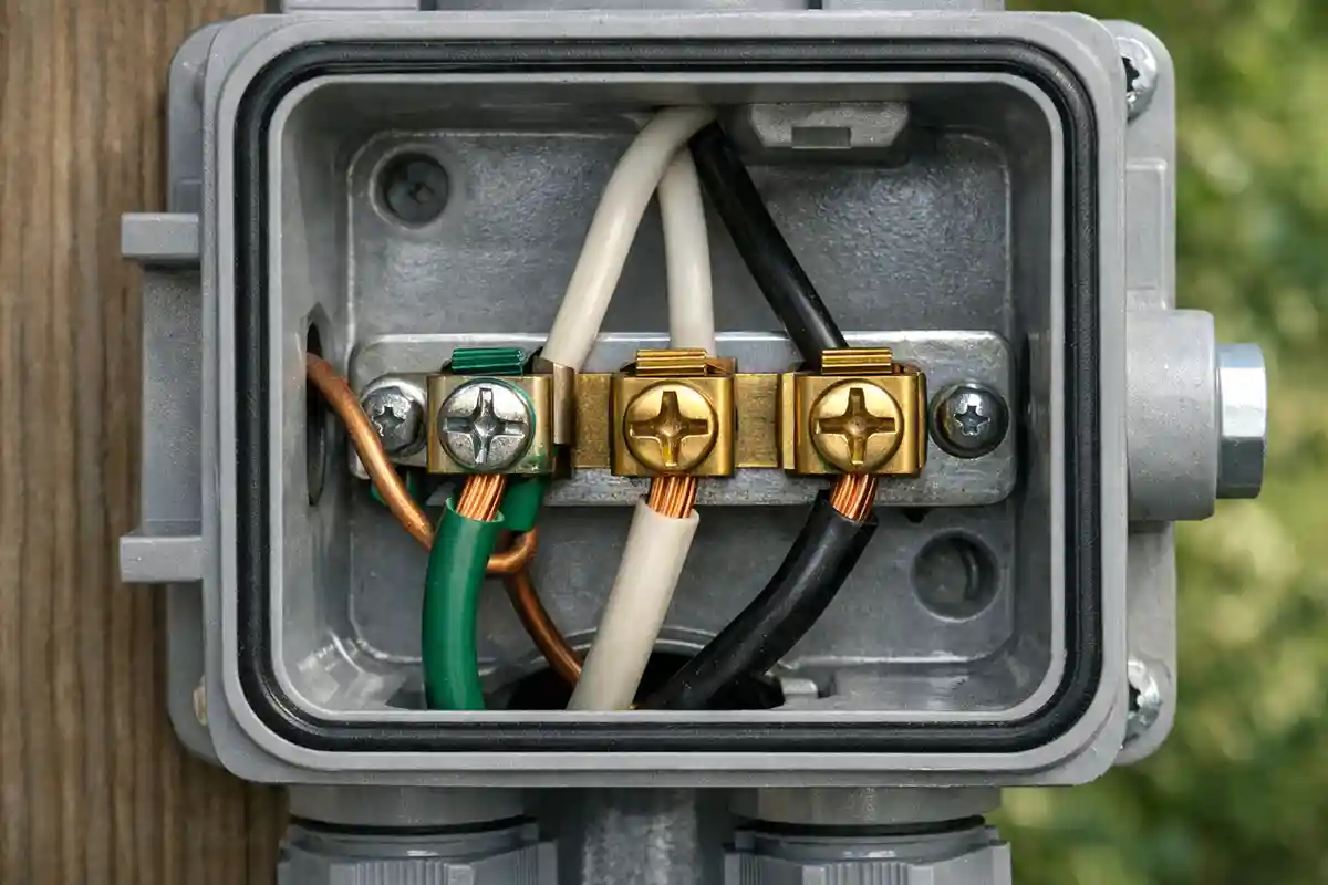 Interior of an outdoor wall light fixture showing oxidized copper wire and corroded terminal screws.