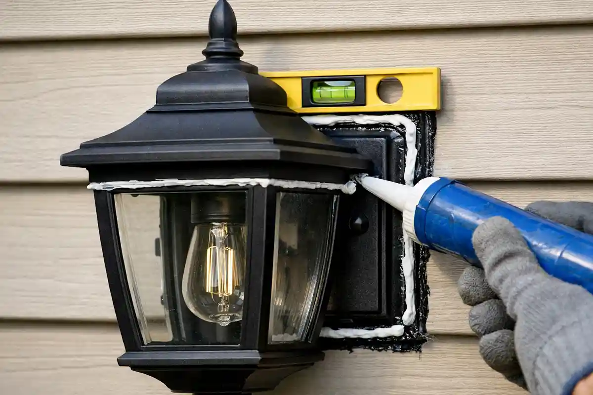 Outdoor wall light being resealed and adjusted to reduce internal moisture exposure.