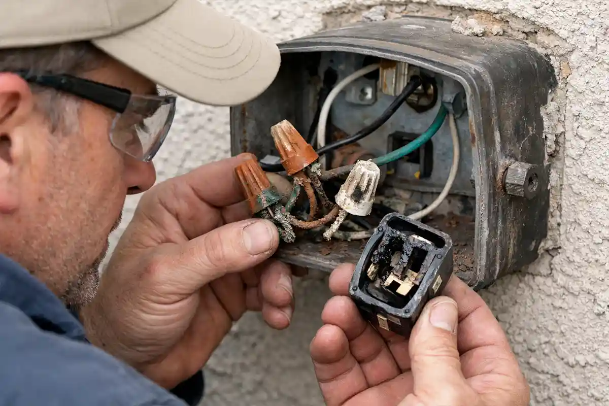 Electrician inspecting corroded wiring and burned connectors inside a rain-damaged outdoor light fixture.