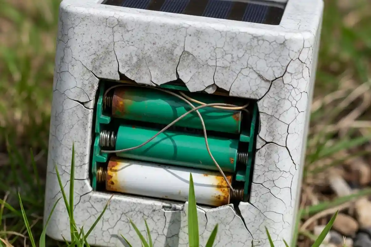 Aging solar outdoor lights with cracked housings, faded plastic, and oxidized internal terminals.