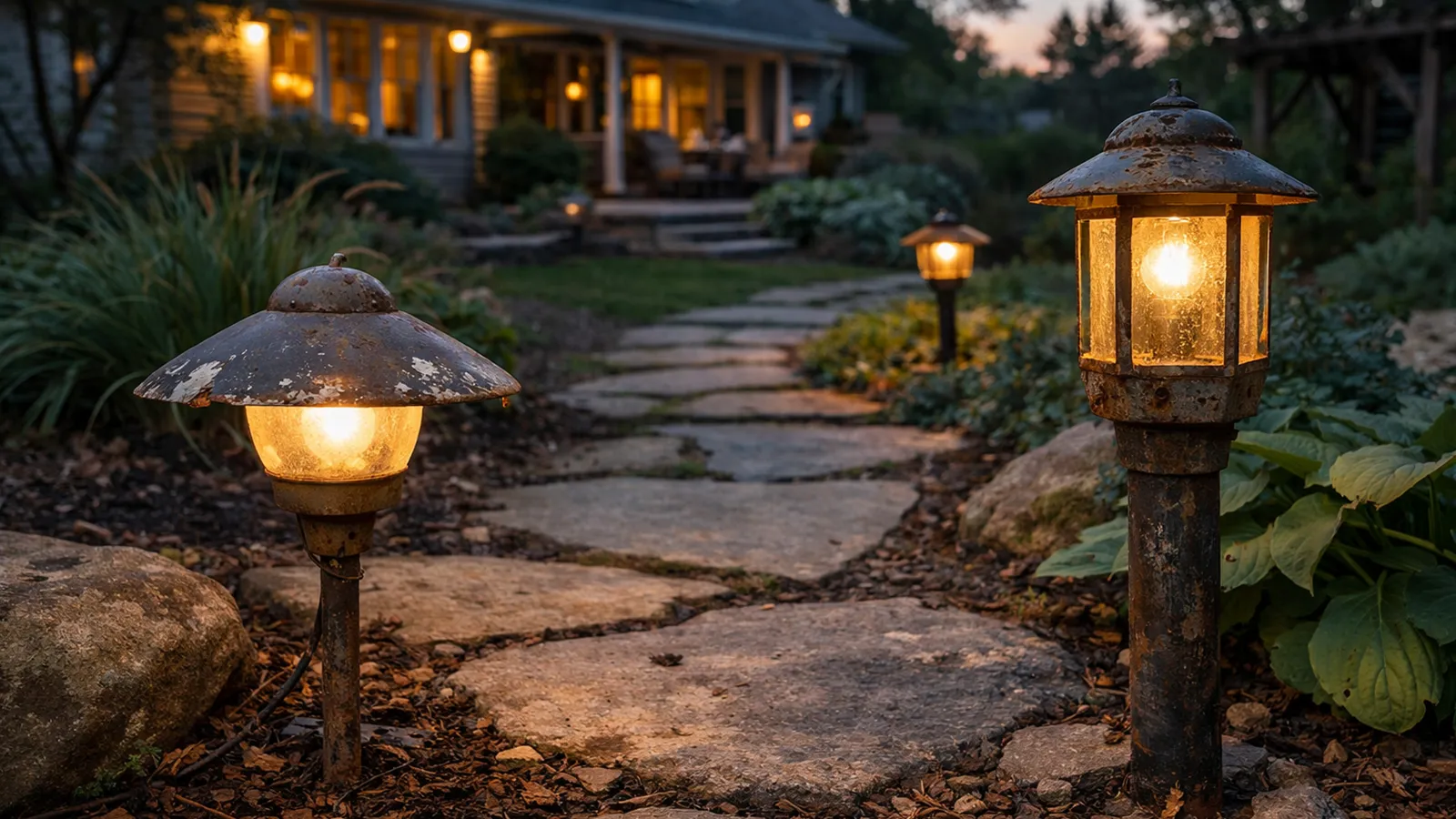 An aging outdoor lighting system showing wear across fixtures, wiring, and connectors.