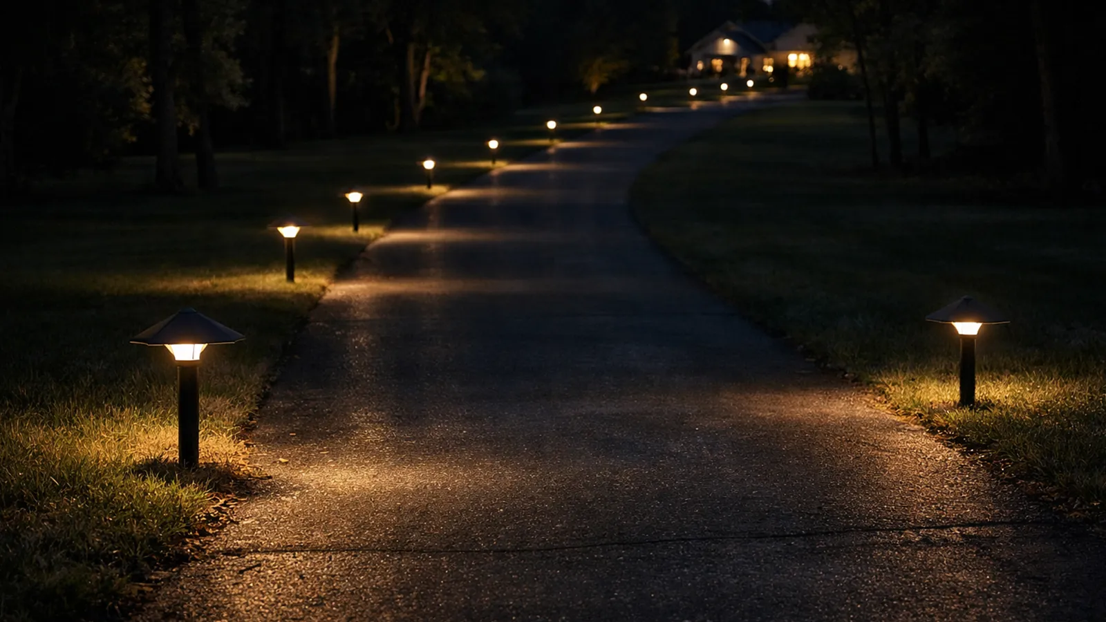 Outdoor pathway lights along a long driveway gradually dimming due to voltage drop.