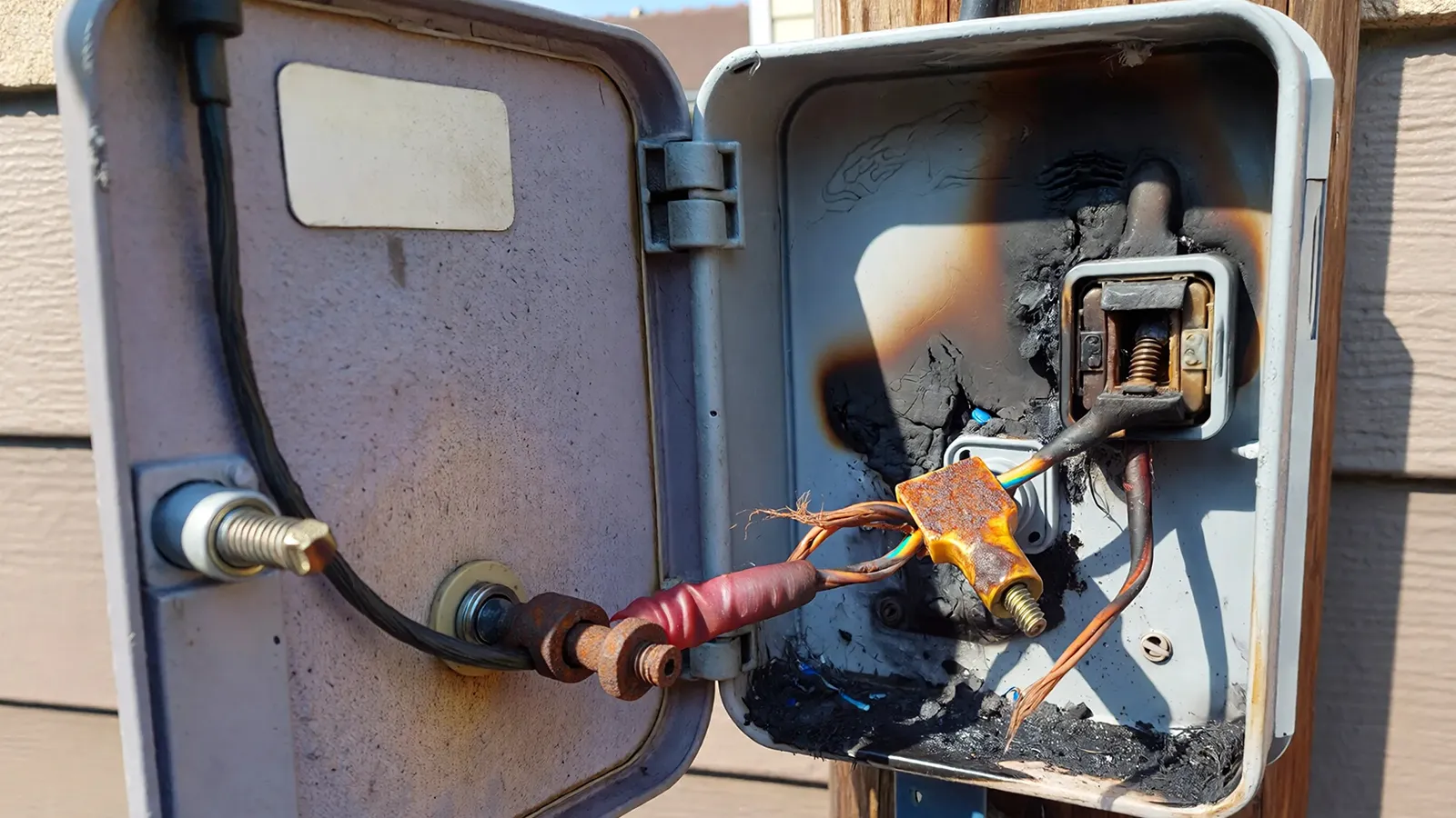 Outdoor electrical box showing burn marks, corroded ground connection, and damaged wire insulation contributing to GFCI tripping.