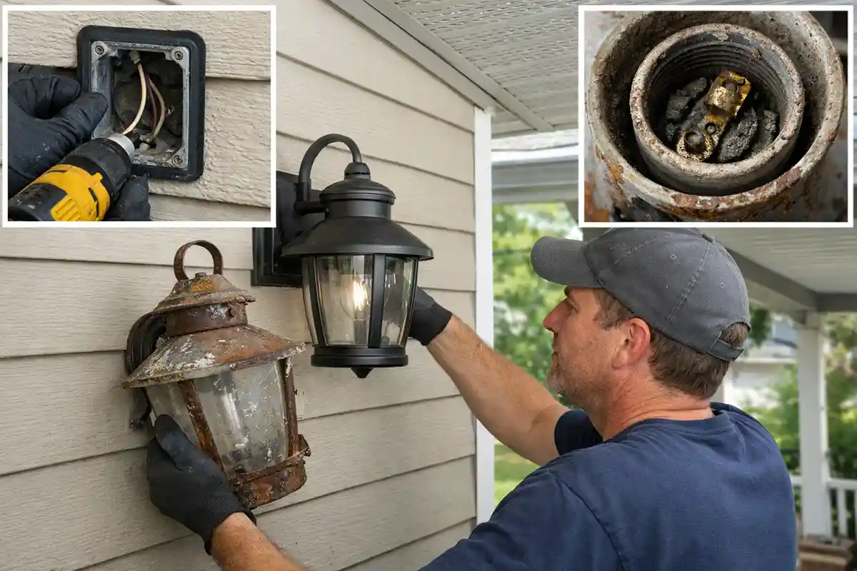 Outdoor light corrective repair including replacement of corroded components and improved weather sealing.