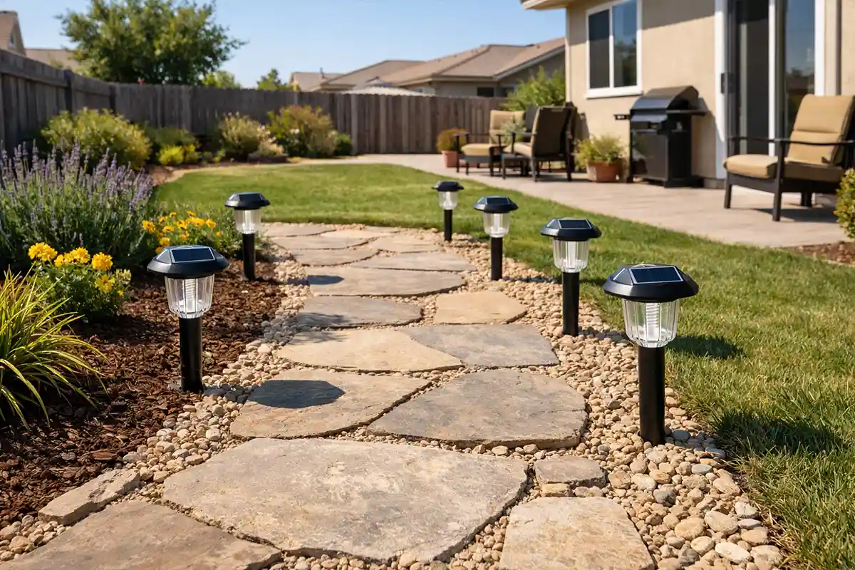 Solar pathway lights positioned in full sunlight with clear sky exposure to maximize daily charging.