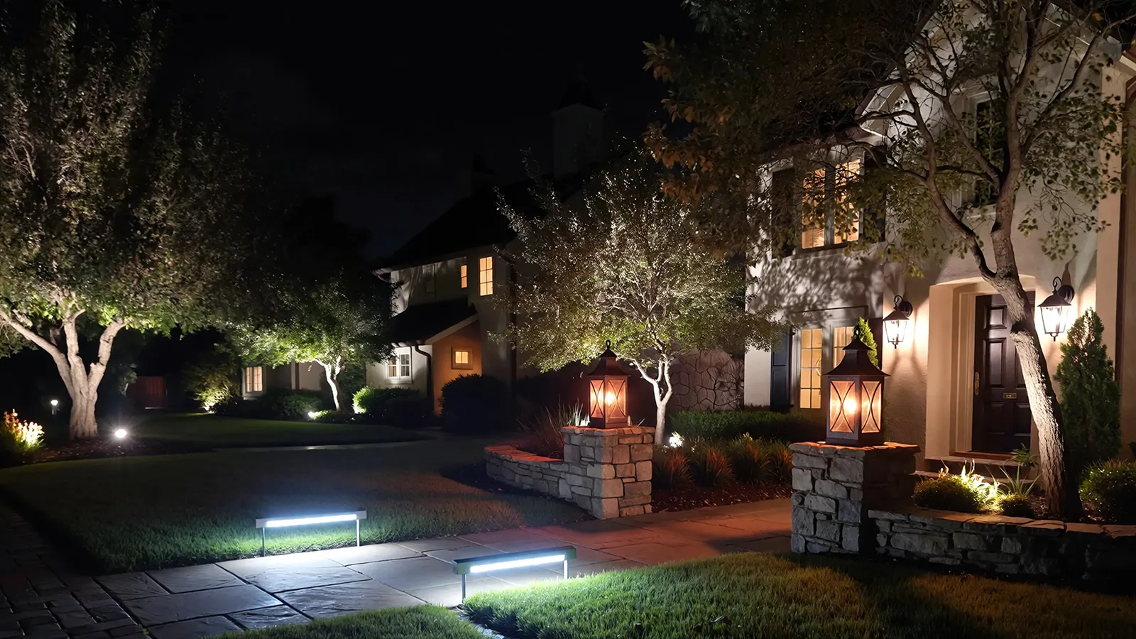 An aging outdoor lighting system showing uneven brightness and flickering caused by long-term electrical imbalance.