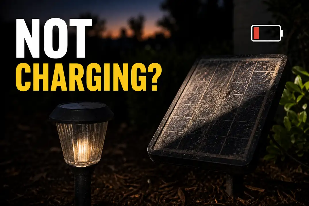 Dim solar outdoor light beside a dusty shaded solar panel with bold not charging text and battery warning graphic.