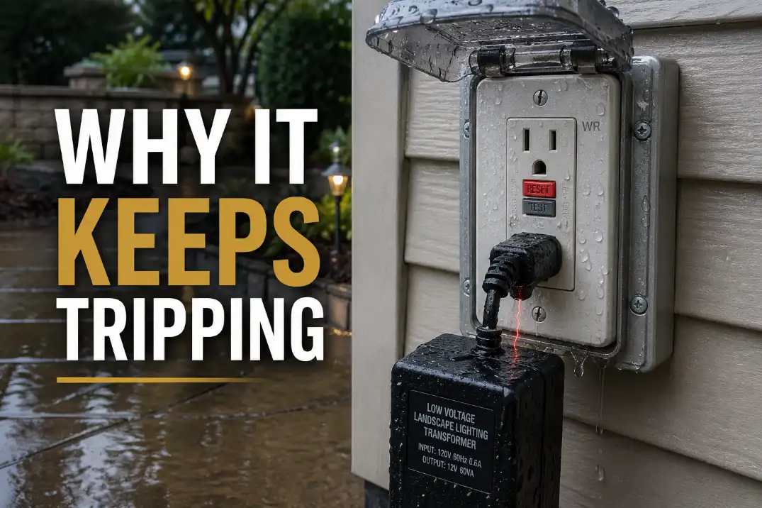 Outdoor GFCI outlet tripped after rain with a landscape lighting transformer plugged into a wet exterior receptacle.