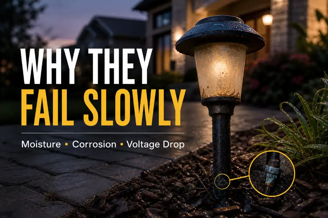 Aging outdoor path light with dim output, damp mulch, and highlighted corrosion showing why outdoor lights fail slowly